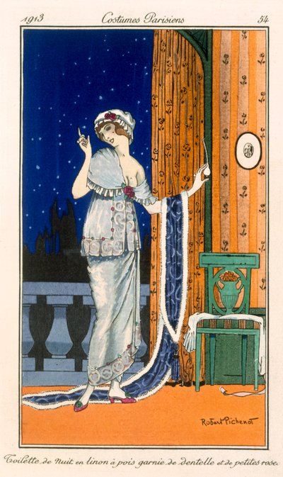 Gepunktetes Nachthemd mit Spitze und Mini-Rosen, 1914 von Robert Pichenot